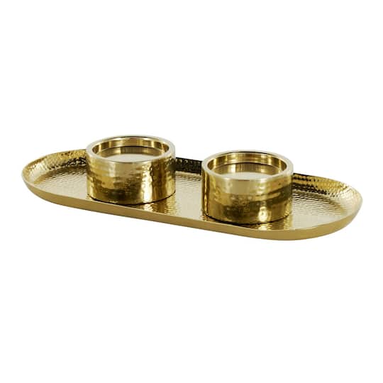 16" Gold Stainless Steel Metal Hammered Candle Holder with Oval Tray Plate